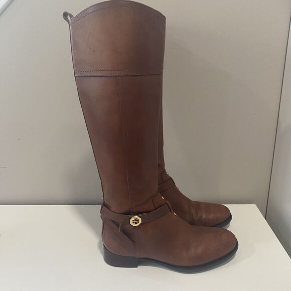 TORY BURCH BRITA Brown Leather Riding Boots 7.5 Gold Logo Tall Knee High Womens - Picture 4 of 16